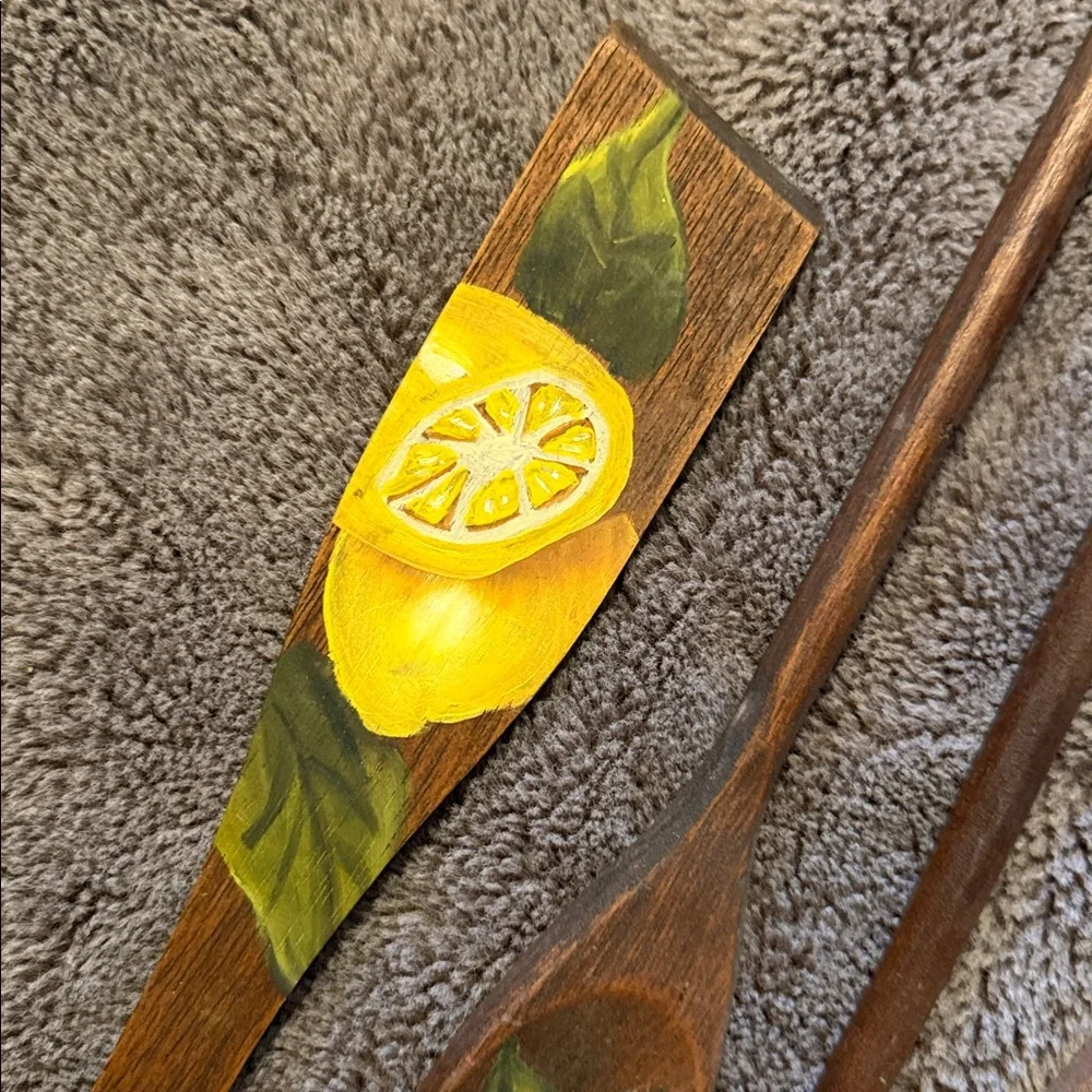 Vintage 70s Hand Painted Wooden Utensils Set (4)